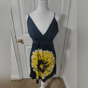 Dots Navy Blue Backless Spaghetti Strap Dress with Yellow Floral Print